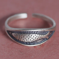 Retro Fish Ring For Women Adjustable Open Band Vintage Style Silver TonE B350