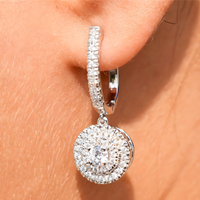 Rhodium-Plated Hoop Drop Earrings For Women With Round Cubic Zirconia Pave 1438