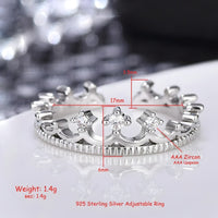 925 Sterling Silver Adjustable Crown Ring AAA Cubic Zirconia -Elegant Design 384
