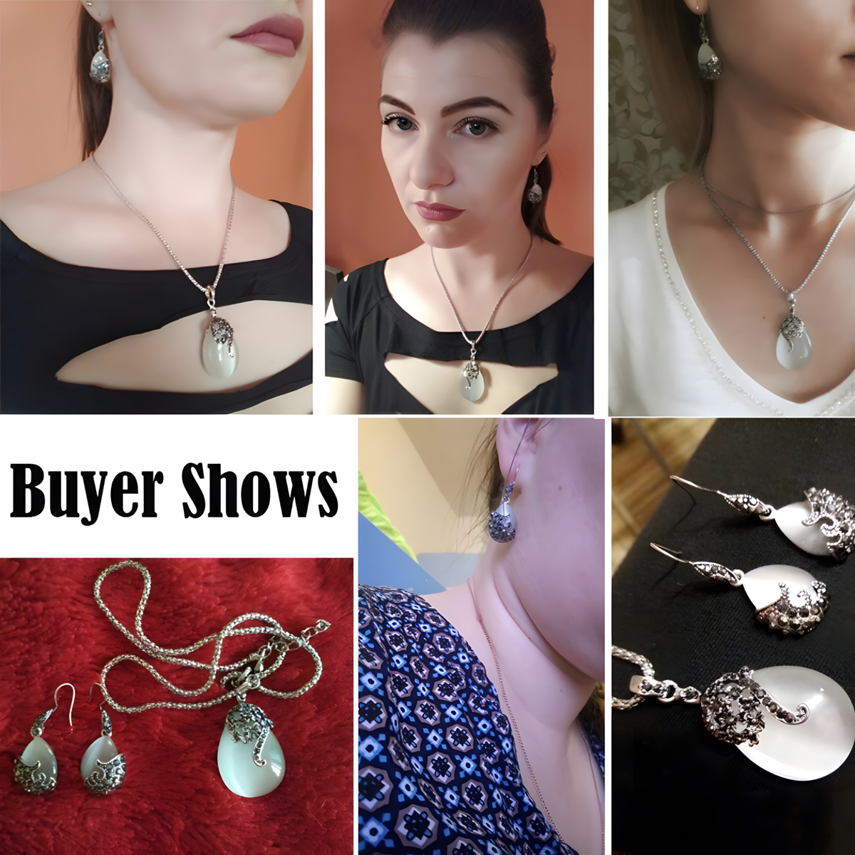 Vintage Teardrop Pendant Necklace & Drop Earrings Set eardrop Cat’s Eye 1470