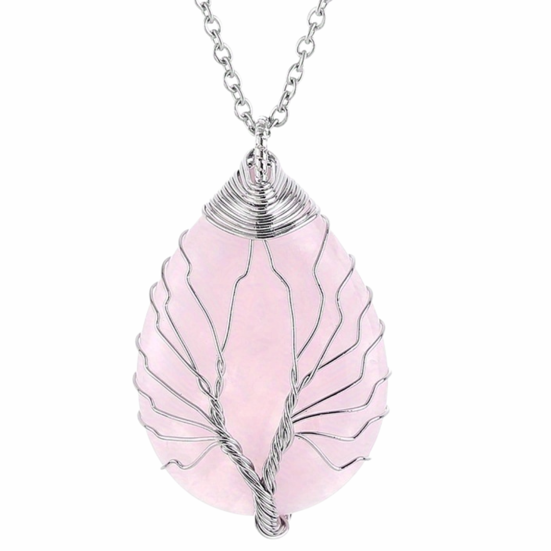 Silver Pink Crystal Tree Of Life Pendant Necklace For Women Oval Gemstone 1337