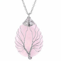 Silver Pink Crystal Tree Of Life Pendant Necklace For Women Oval Gemstone 1337