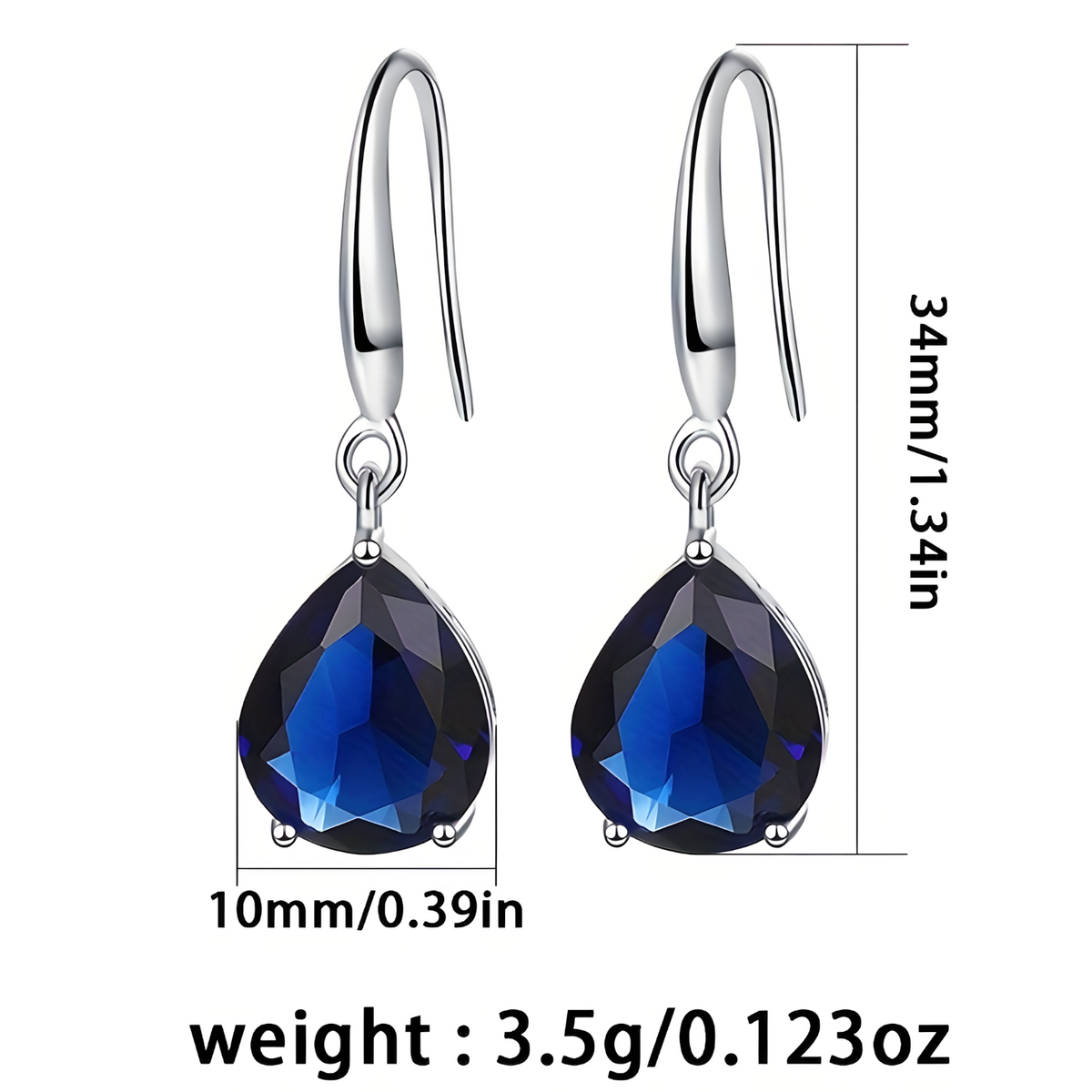 925 Sterling Silver Water Drop Dangle Earrings | Blue Zircon 10mm Wide Pear 569