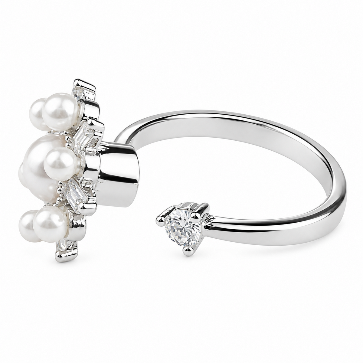 Silver Tone Pearl Sunburst Ring Adjustable Open Ring with Baguette Crystal 1593