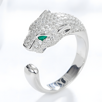 Leopard Head Open Adjustable Ring For Women Silver Colour Green Eye Animal 1755