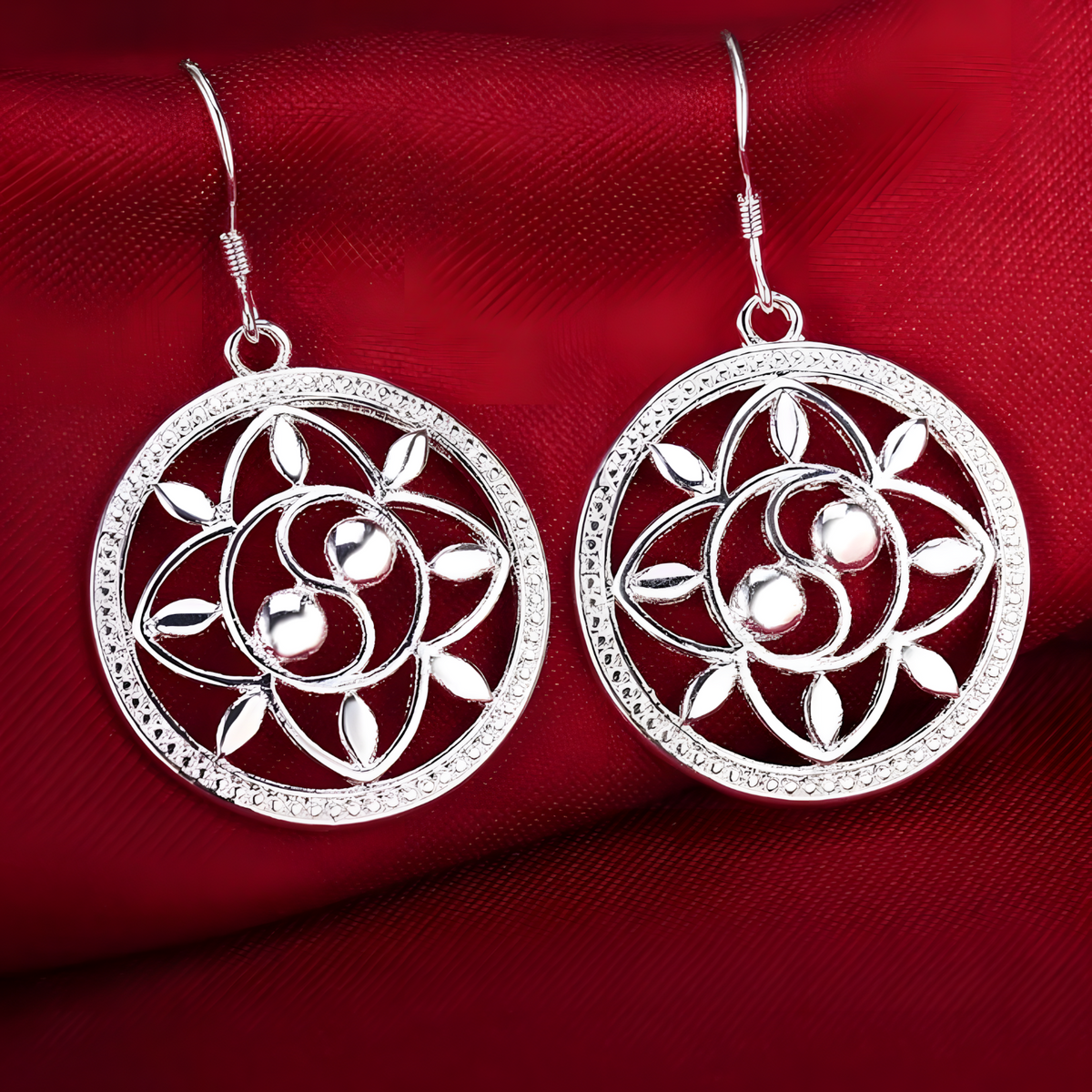 Circular Lotus Drop Earrings for Women, Mandala Style Round Dangle Earrings 1422