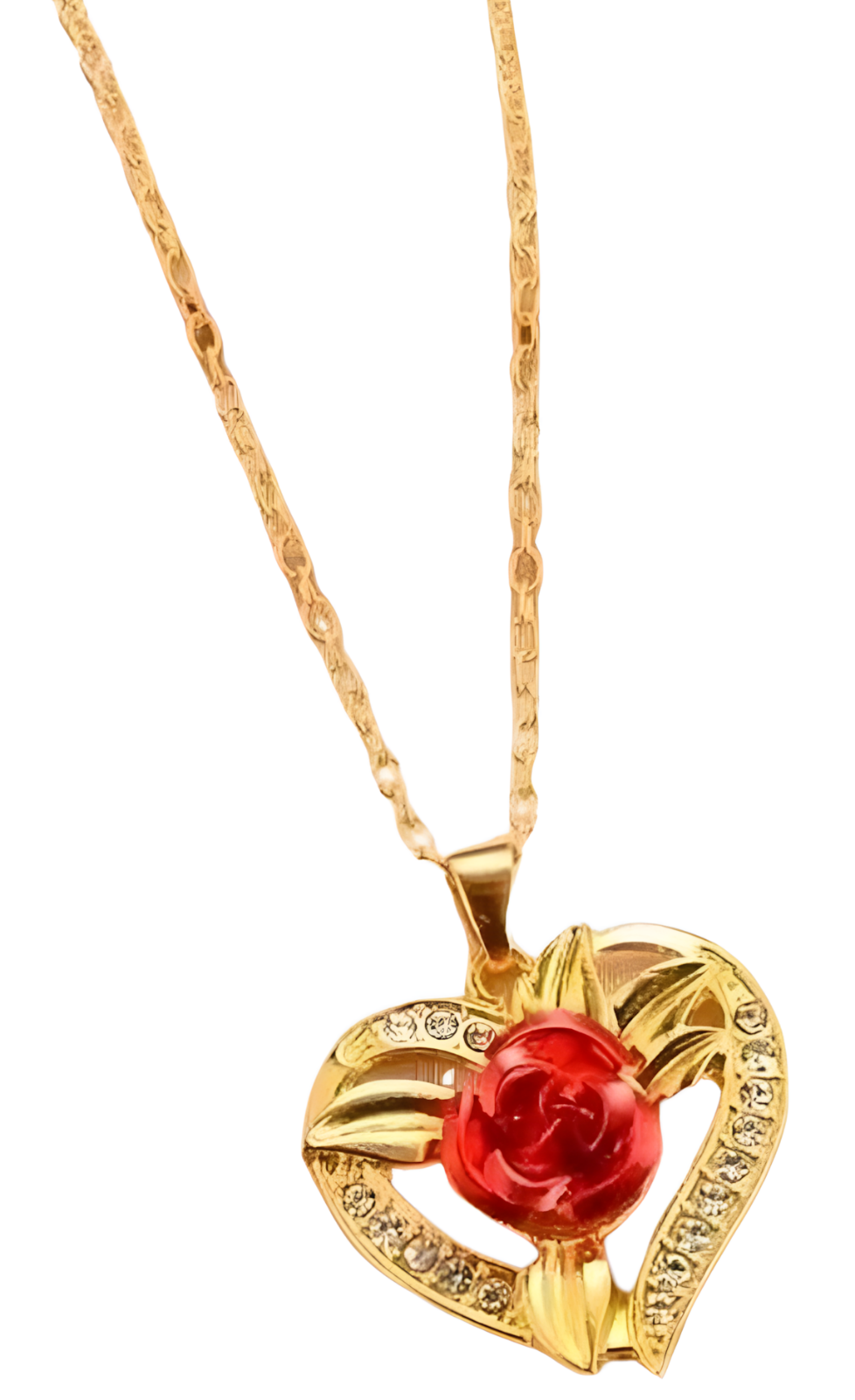 Gold Heart Red Rose Crystal Necklace | Romantic Floral Pendant Gift for Her B13