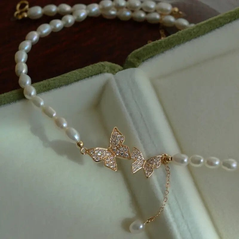 Butterfly Necklace Faux Pearls Beads Elegant Beaded Necklace Lovely Neck 84 UK