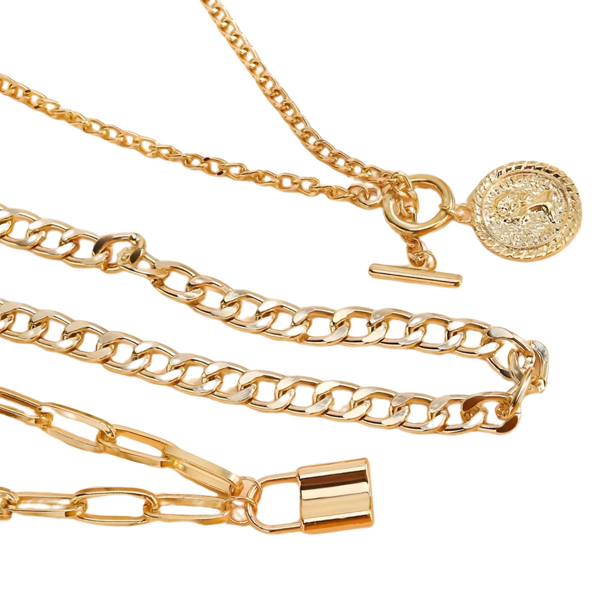 3-Layer Gold Chain Necklace Set Women – Retro Coin & Padlock Pendant Layered 702