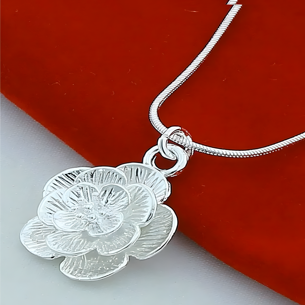 Rose Flower Pendant Necklace for Women–Copper Alloy with 925 Silver Plating 1201