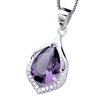 Silver Colour Water Drop Pendant Necklace for Women-Purple Crystal Teardrop 669