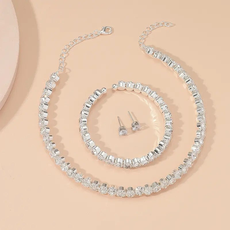 Luxury Glitter Crystal Zircon Necklace & Stud Earrings & Bangle Jewelry 99 UK