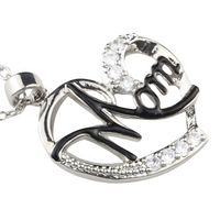 Mom Heart Pendant Necklace Black Plated Link Chain Cubic Zirconia Micro 1362