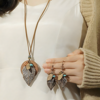 Boho Vintage Leaf Jewellery Set For Women, Layered Round Pendant Necklace 1704