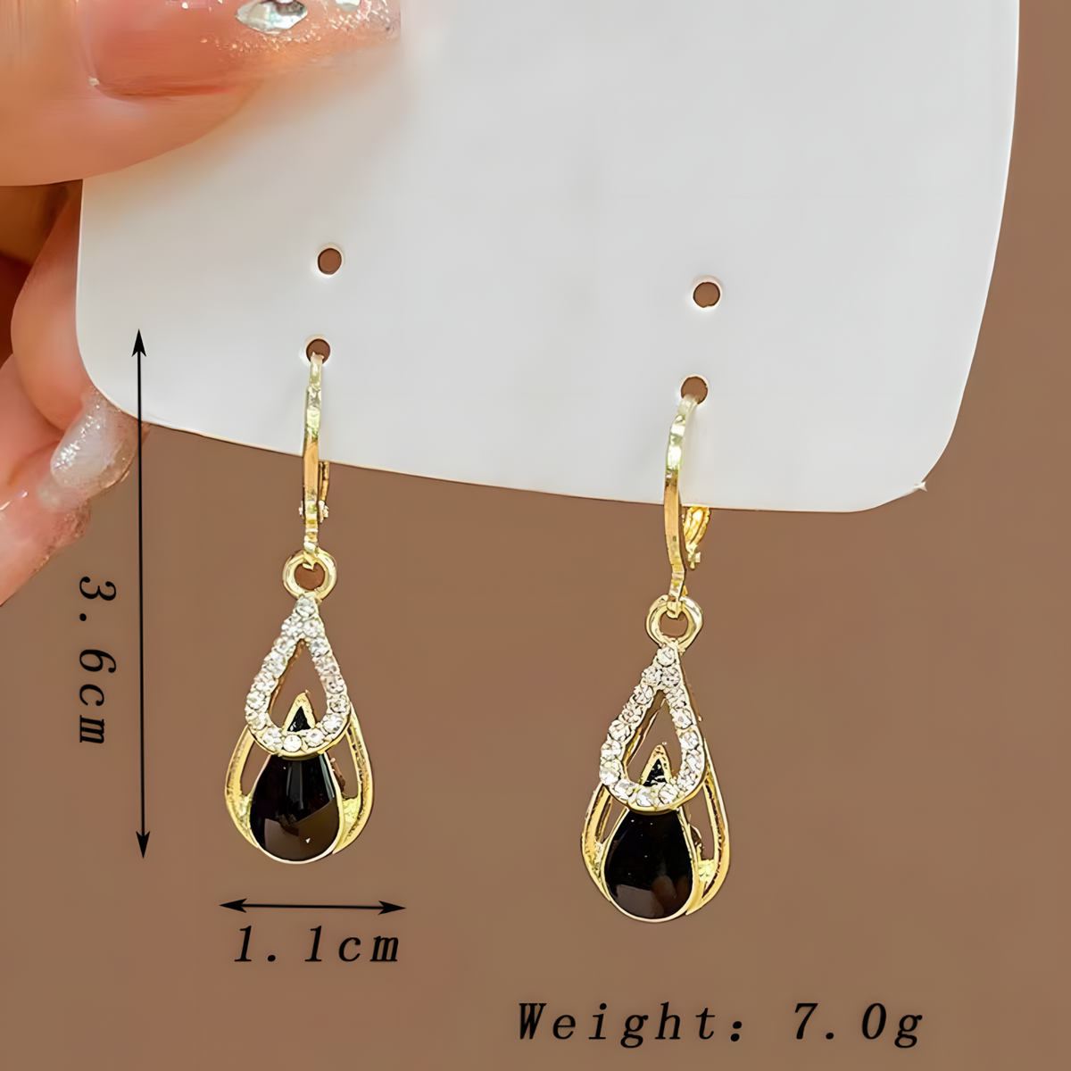 Gold Water Drop Dangle Earring Women–Zinc Alloy Teardrop Design Black Stone 1147