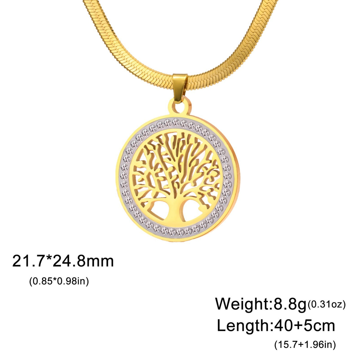 Gold Tree of Life Necklace for Women –Stainless Steel Round Pendant Crystal 1087
