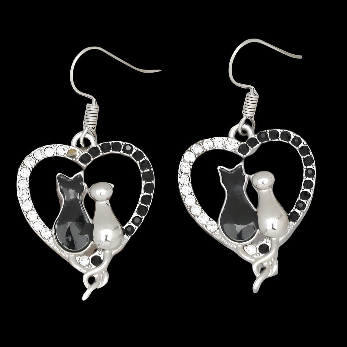 Black & White Cat Heart Dangle Earrings for Women –Zinc Alloy Silver Colour 1169