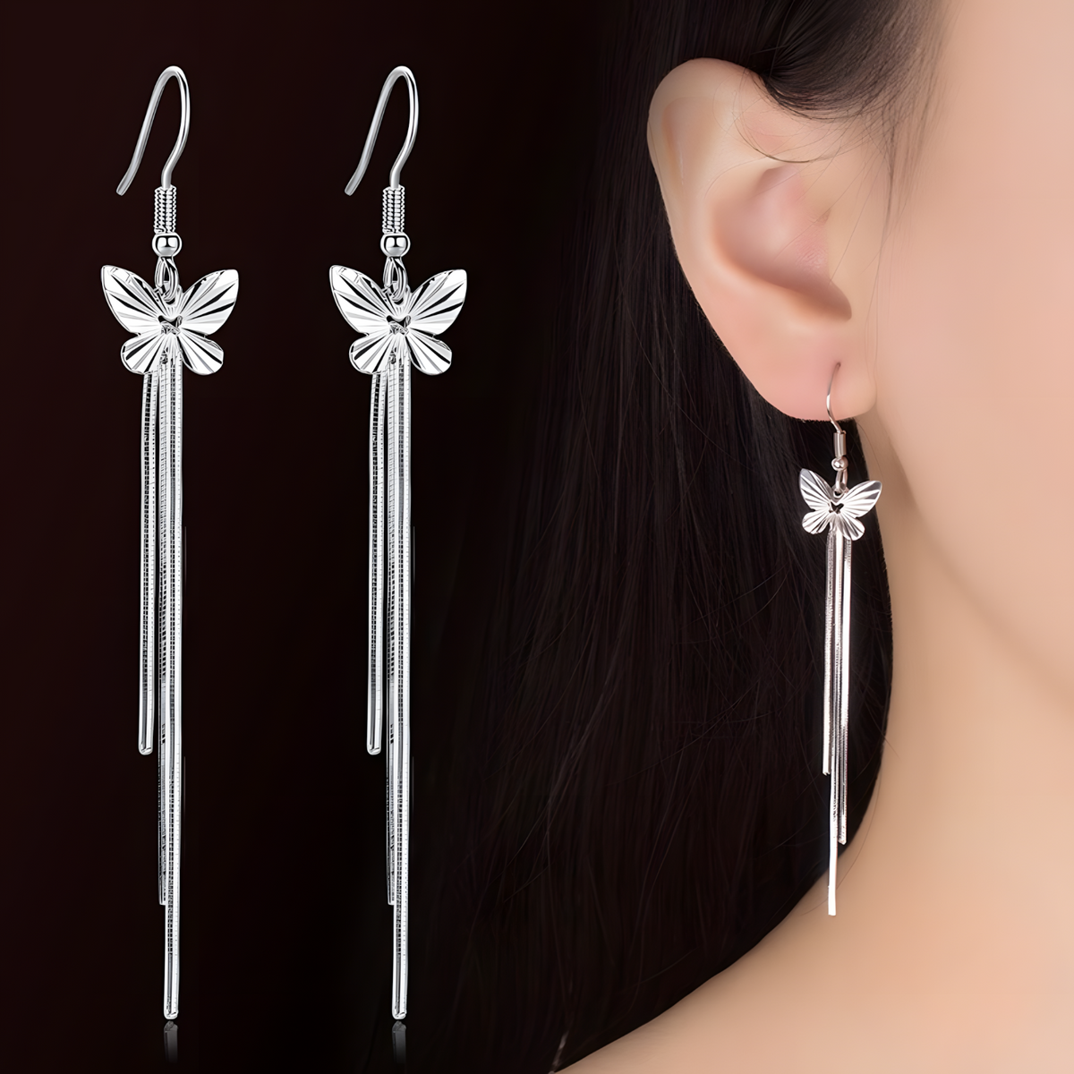 925 Silver-Plated Butterfly Tassel Drop Earrings Women – Long Silver Chains 1051