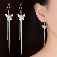 925 Silver-Plated Butterfly Tassel Drop Earrings Women – Long Silver Chains 1051