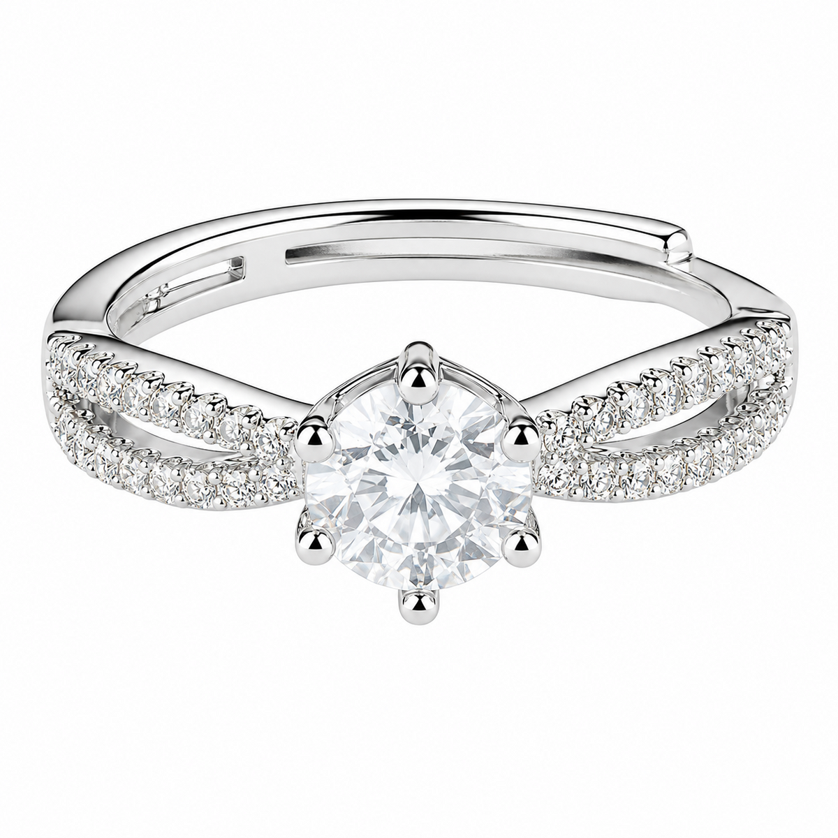 Adjustable Round Brilliant Zircon Engagement Ring, Silver Tone Double Pave  1657