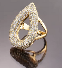 Luxury Teardrop Statement Ring For Women, Gold Tone Open Band Ring, Pavé 1503