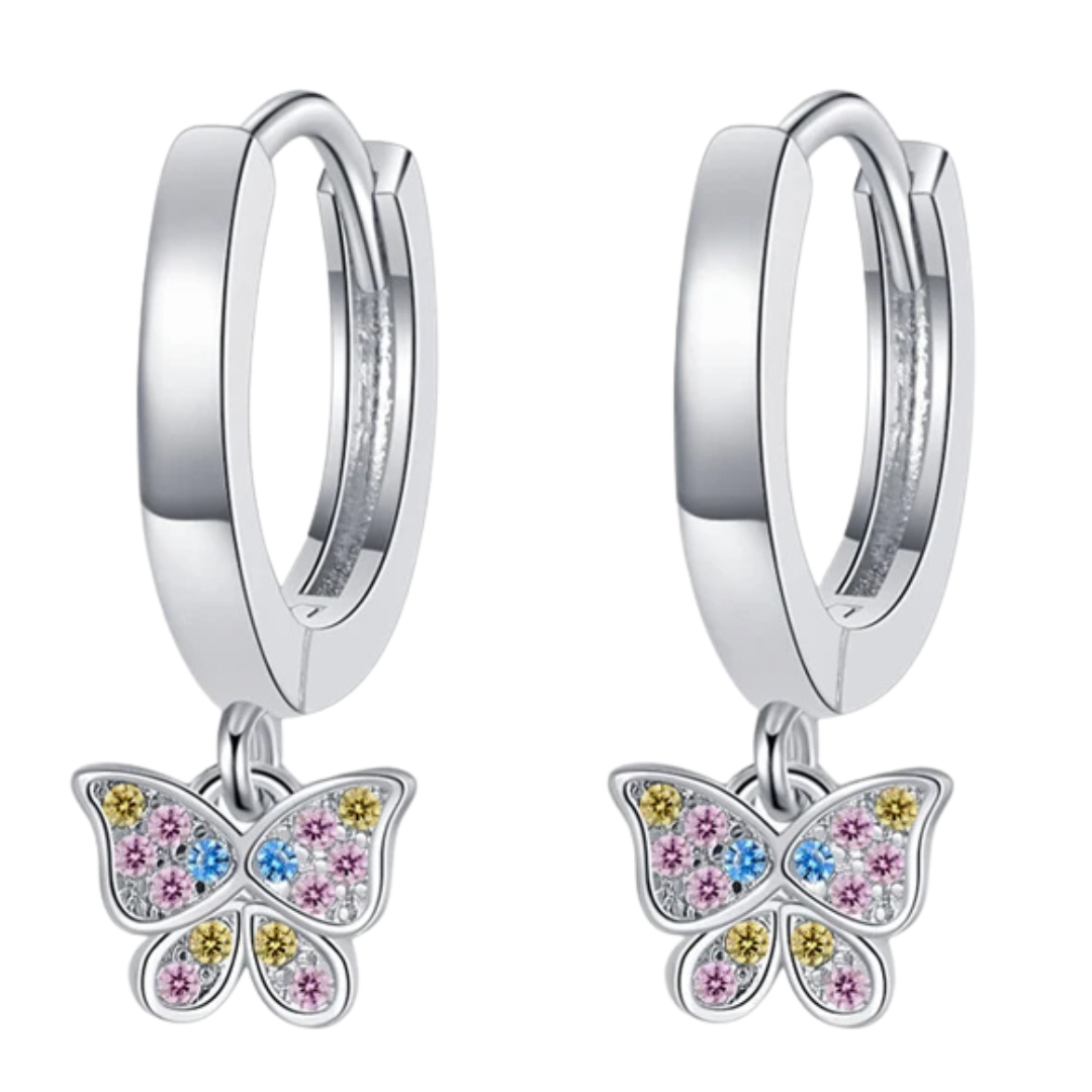 Sterling Silver Butterfly Drop Earrings –22mm Length Colorful Zircon Crystal 299