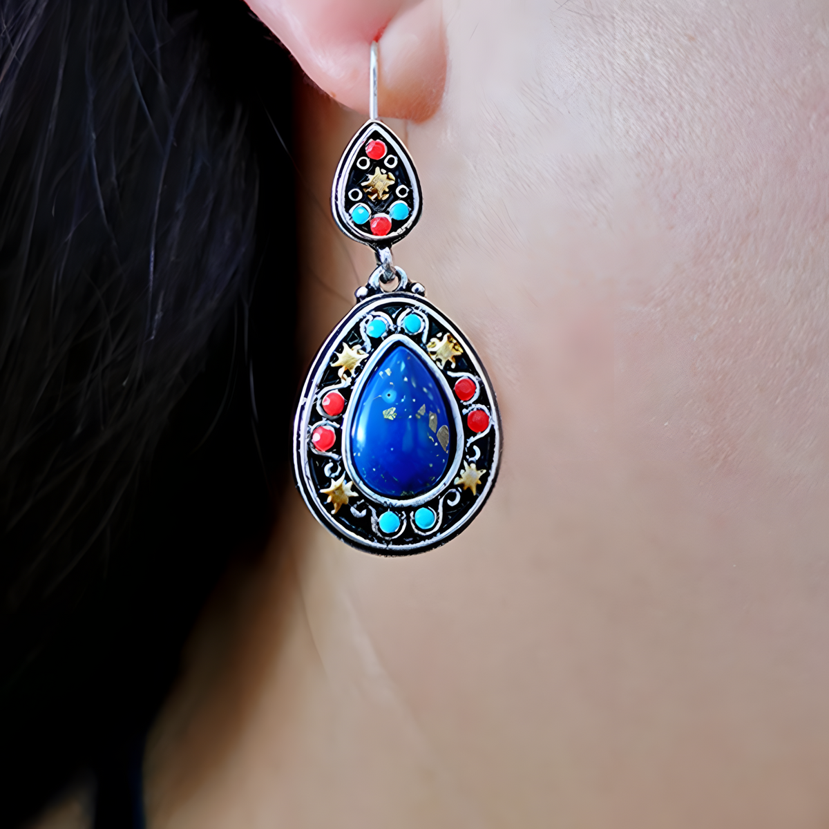 Vintage Water Drop Dangle Earrings Women Copper Alloy 925 Silver Plating - 1222