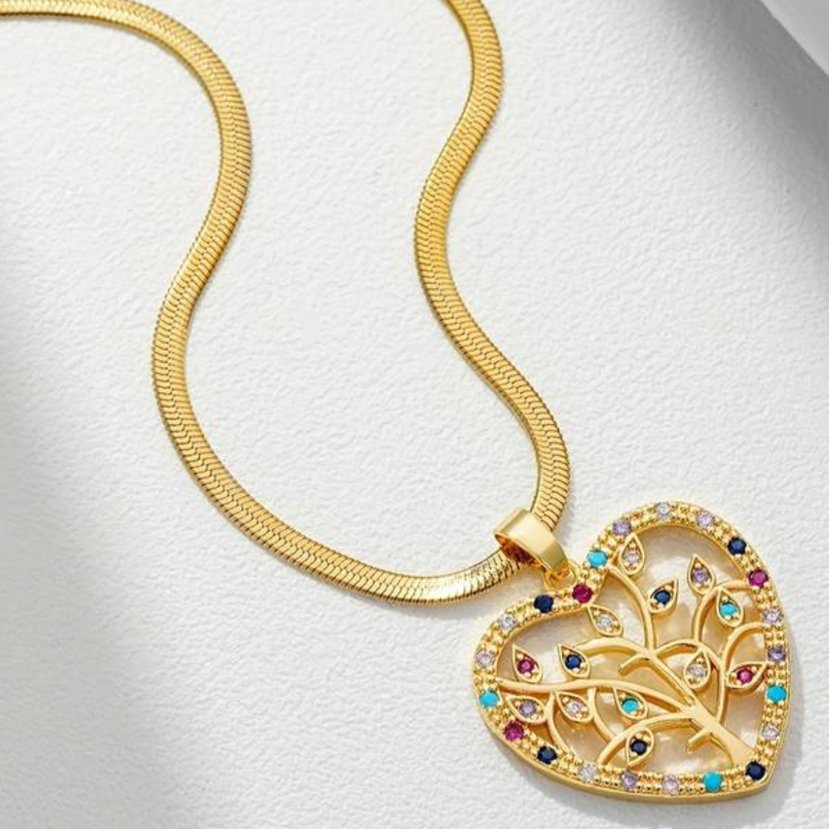 Gold Heart Pendant Necklace with Tree of Life Design, Embellished Crystals 144