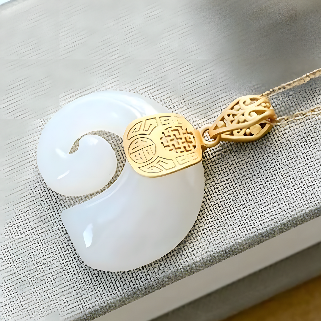 Exquisite 18K Gold Plated Hetian White Jade Pendant Necklace Double Happines B83