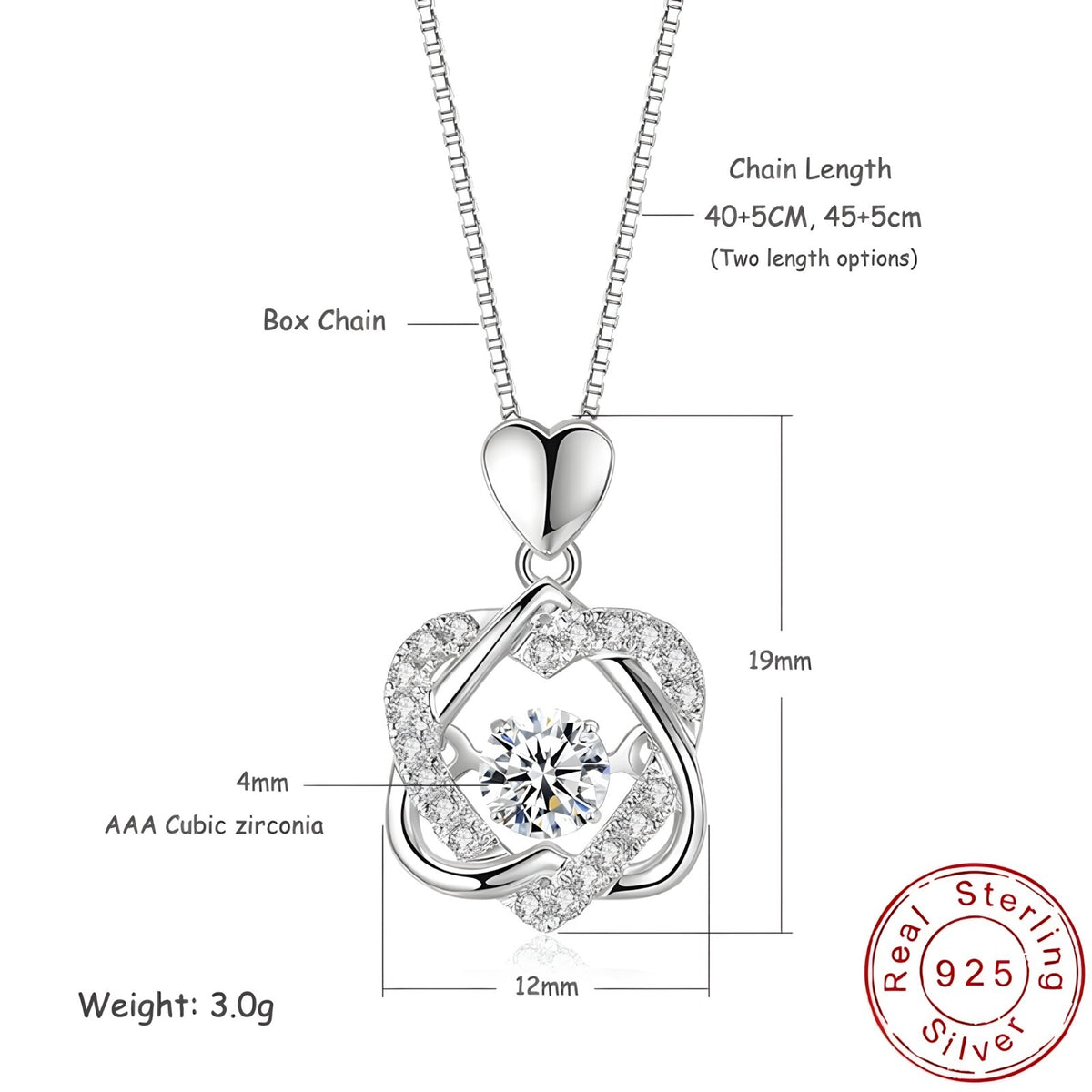Sterling Silver Heart Knot Pendant Necklace for Women – Real 925 Box Chain 289