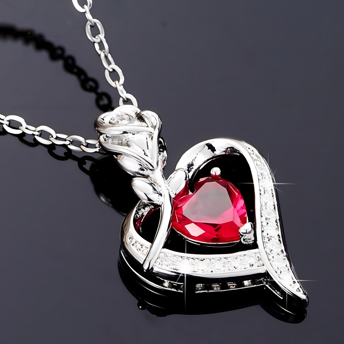 Rose Heart Pendant Necklace for Women –Copper Alloy Heart Necklace with Red 1155
