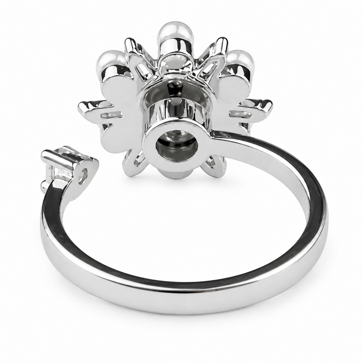 Silver Tone Pearl Sunburst Ring Adjustable Open Ring with Baguette Crystal 1593