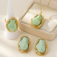 Irregular Green Stone Necklace, Earrings and Ring Set, Freeform Pendant 1724