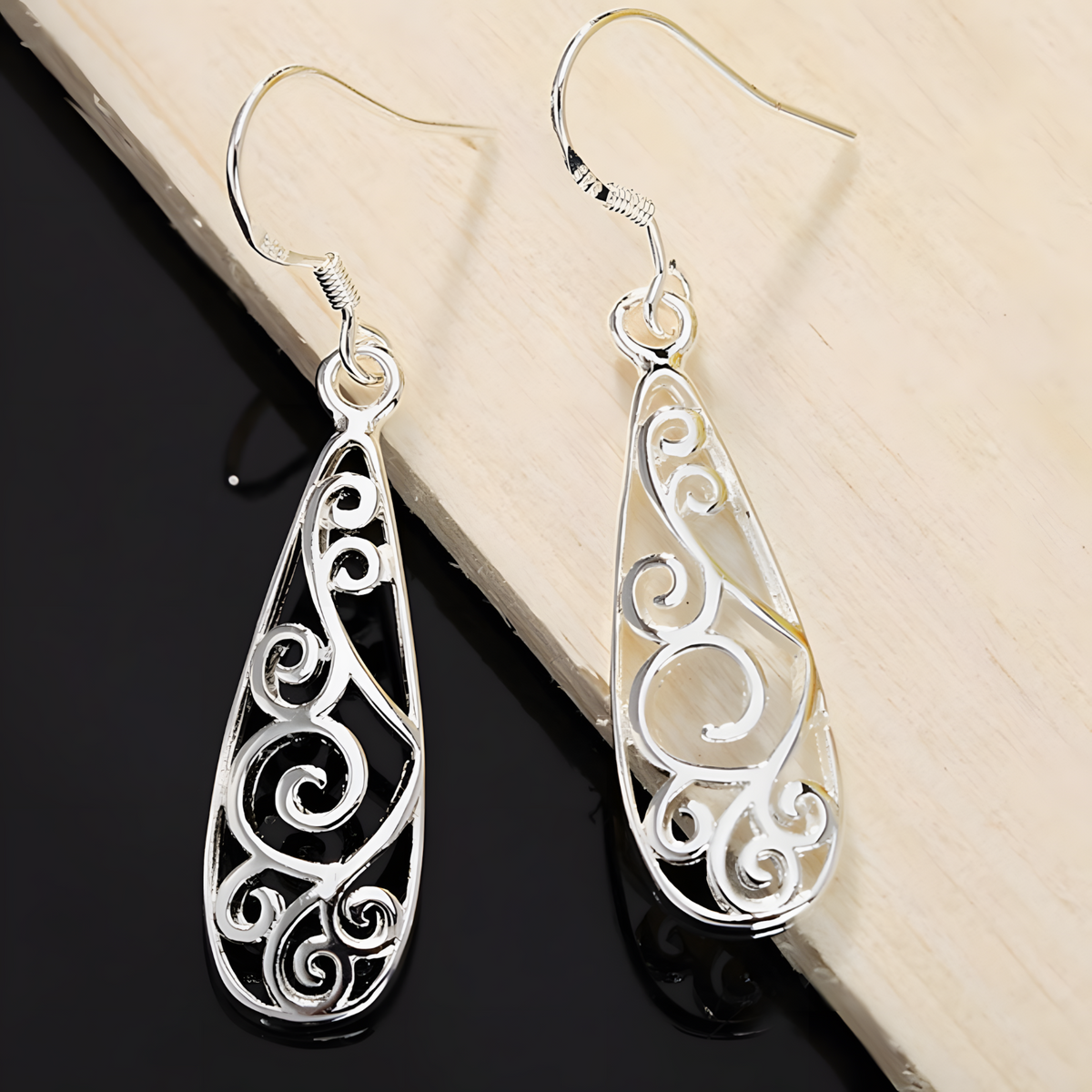 Handmade Silver Teardrop Earrings with Filigree Pattern - Dangle Jewelry B39