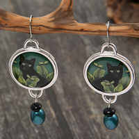 Black Cat Drop Earrings For Women Rhodium-Plated Base Metal Round Cat Motif 1461