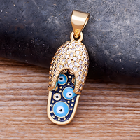 Enamel Slipper Pendant Necklace with Blue Evil Eye Design, Boho Gold-Tone B160