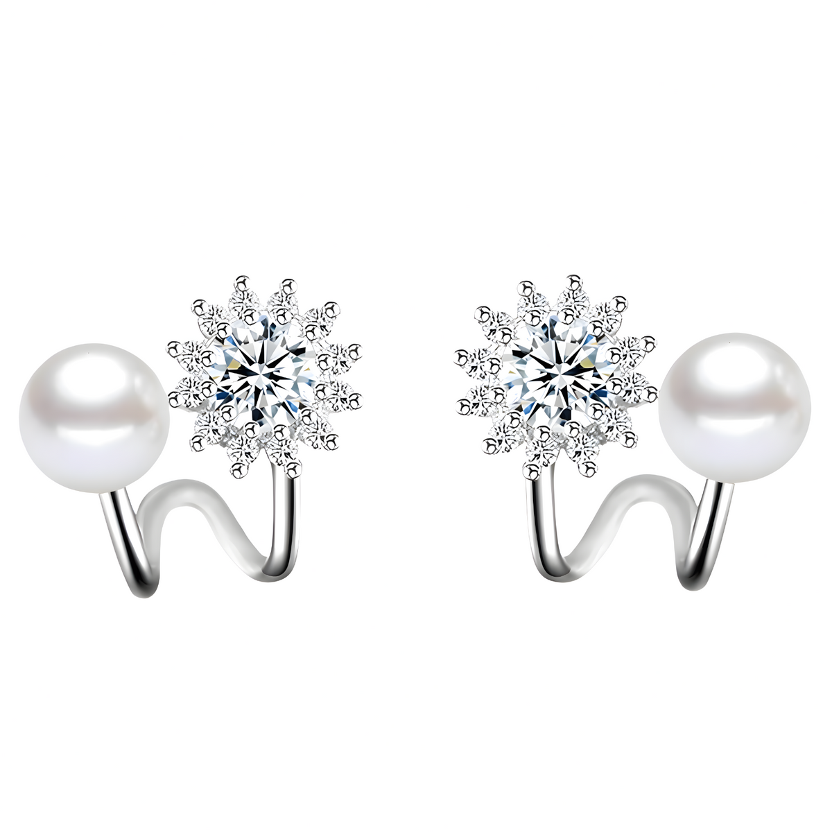 925 Sterling Silver Snowflake Stud Earrings with Pearl Accents, Sparkling CZ 326