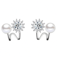 925 Sterling Silver Snowflake Stud Earrings with Pearl Accents, Sparkling CZ 326