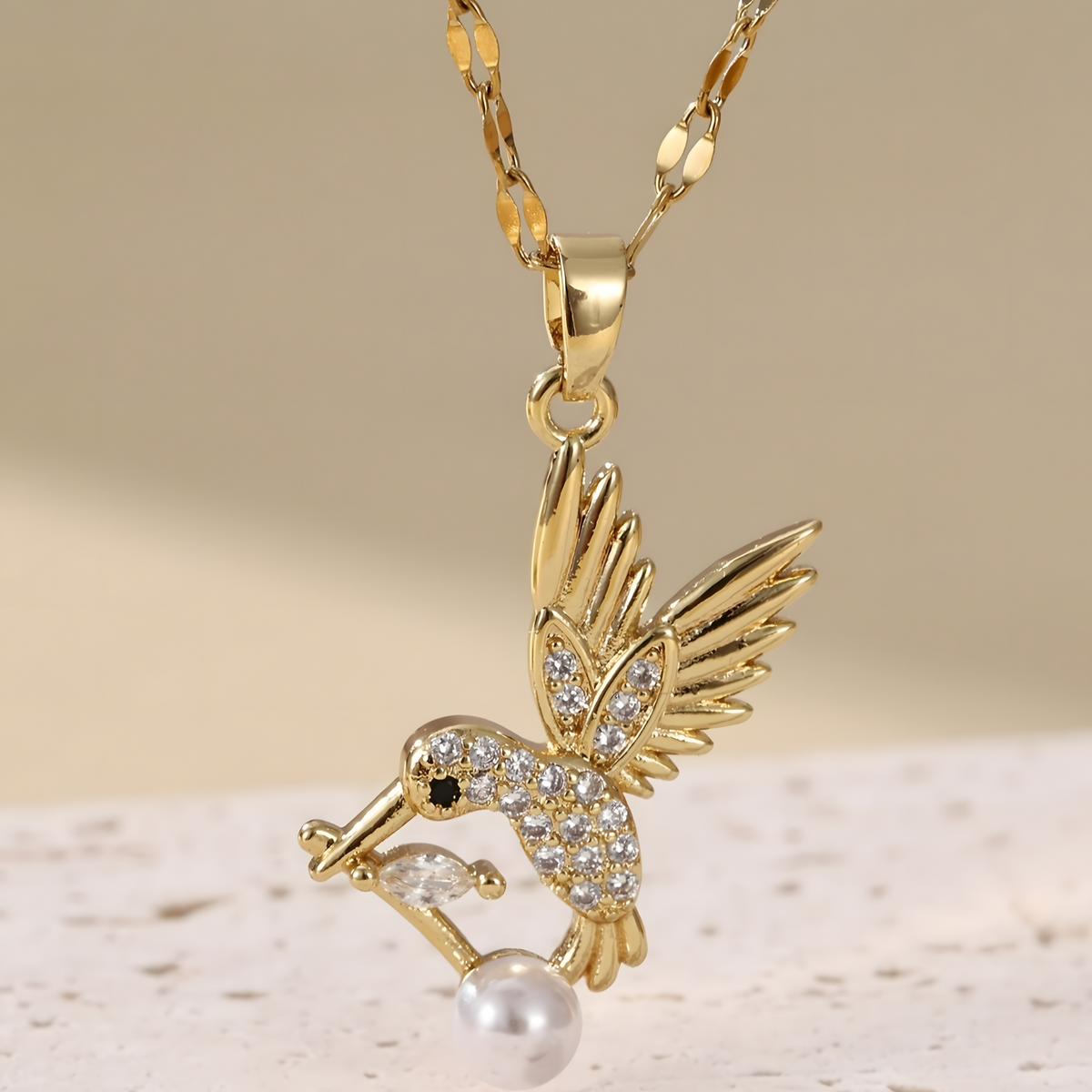 Golden Hummingbird Necklace for Women – 18K Gold Plated Copper Pendant 740