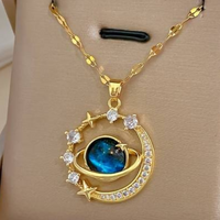 Gold-Plated Starry Planet Moon Pendant Necklace, Stainless Steel Celestial 152