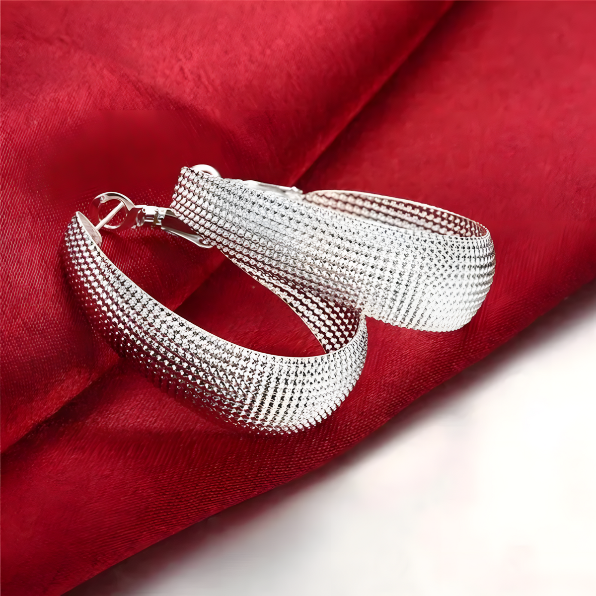Silver Hoop Earrings Women 4cm Large Textured Round Hoops 1cm Wide Polished 1409