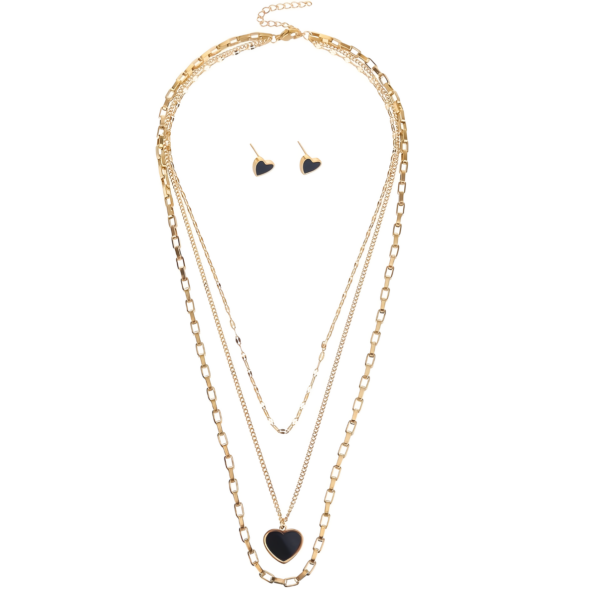 3PCS Stainless Steel Black Heart Necklace Earrings Set MultiLayer Gold Chain 718
