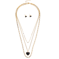 3PCS Stainless Steel Black Heart Necklace Earrings Set MultiLayer Gold Chain 718
