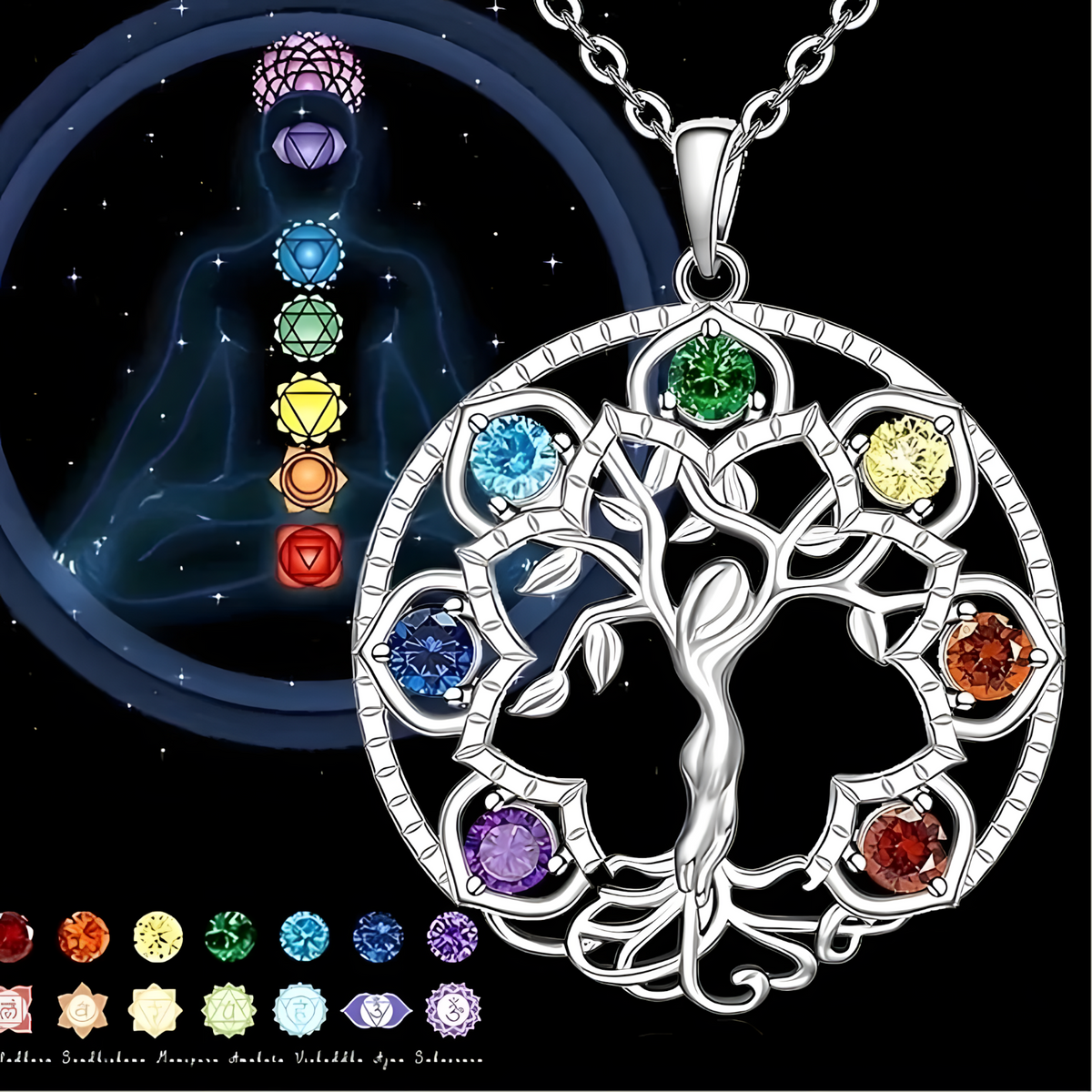 7 Chakra Tree of Life Pendant, Silver Plated Yoga Healing Stone Necklace B152