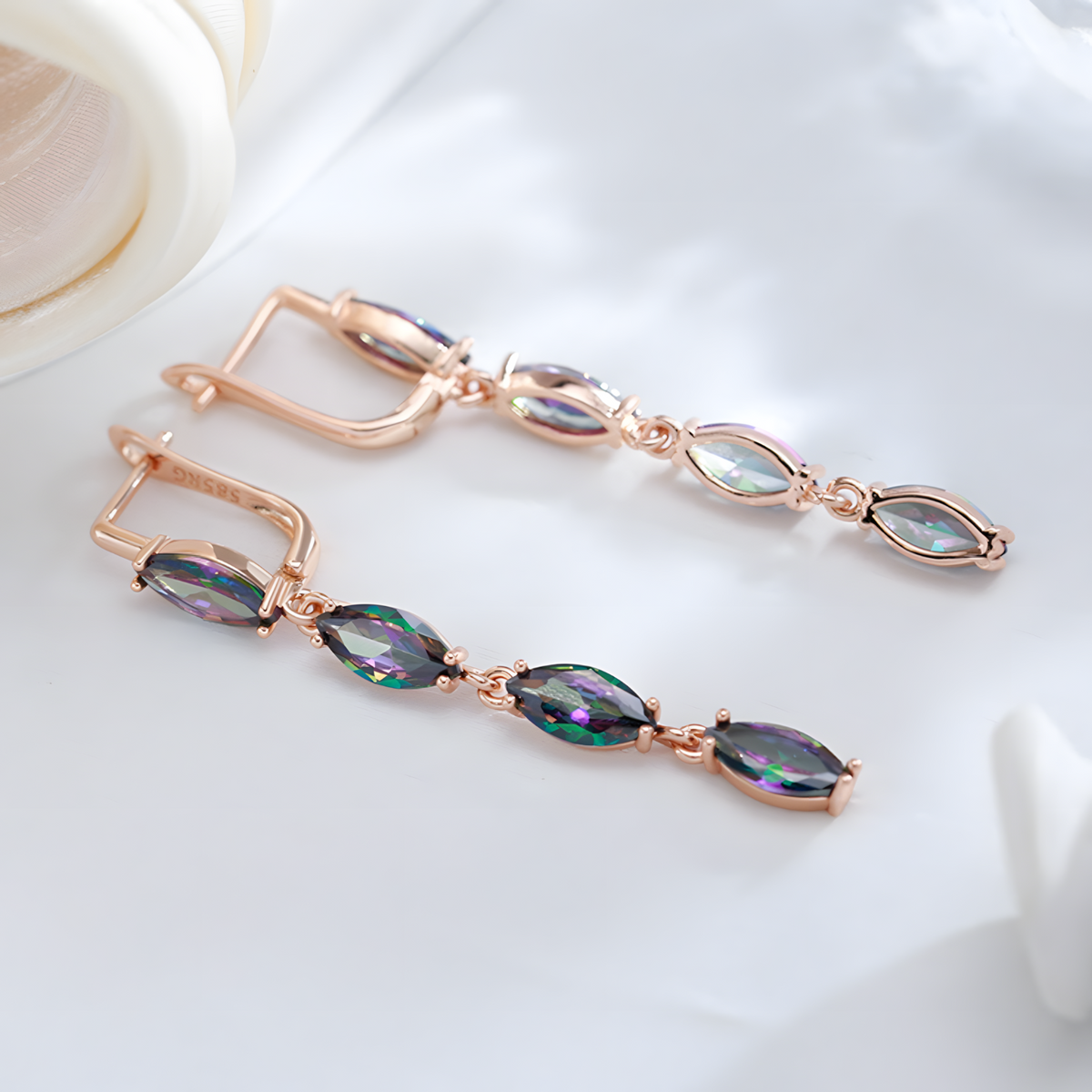 Colorful Natural Zircon Long Drop Earrings Women, Copper Base 585 Rose Gold 1278