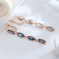 Colorful Natural Zircon Long Drop Earrings Women, Copper Base 585 Rose Gold 1278