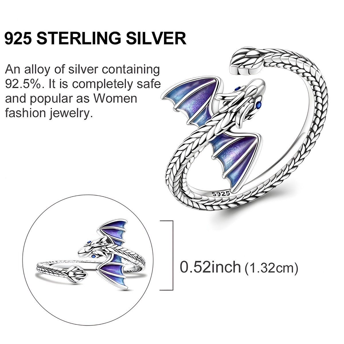 Adjustable Dragon Open Ring Silver Tone Rhodium-Plated Blue Enamel Wings 1441