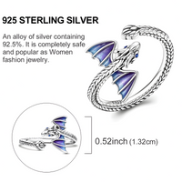 Adjustable Dragon Open Ring Silver Tone Rhodium-Plated Blue Enamel Wings 1441