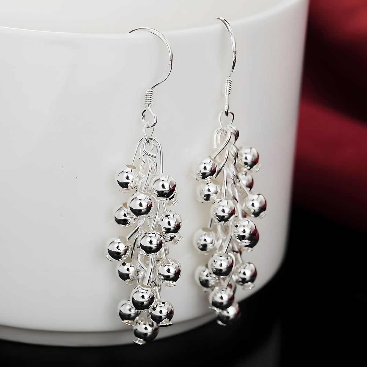 925 Silver-Plated Cluster Bead Drop Earrings for Women – Silver-Tone Copper 1194