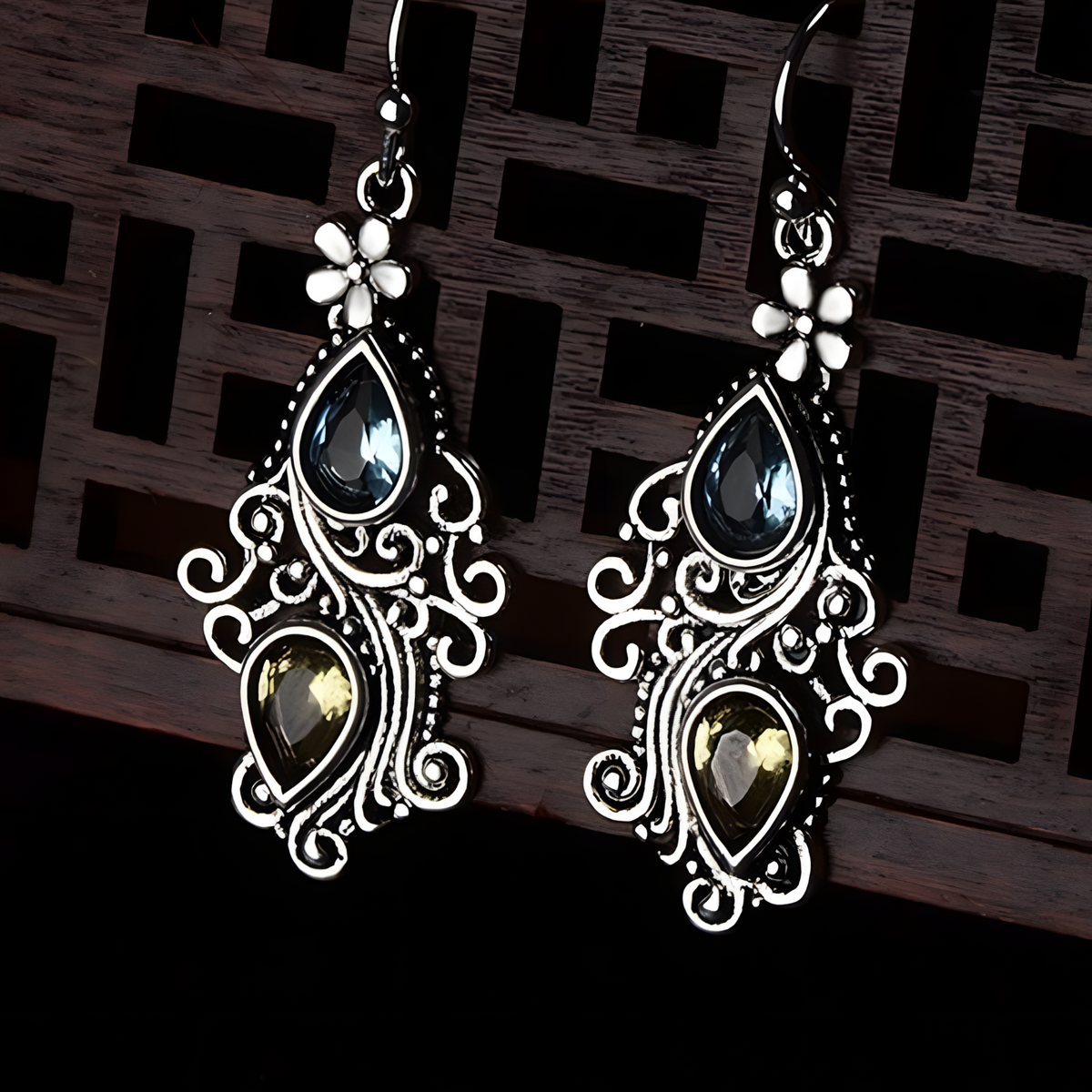 Vintage Floral Drop Earrings Women – Dual Teardrop Gemstone Dangle Earrings 548